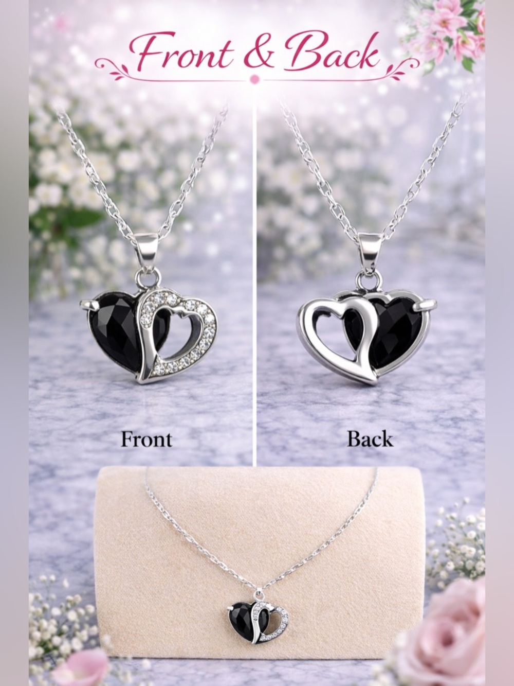 lady heart Silver and black stone pendant necklace fashion - Picture 3 of 4